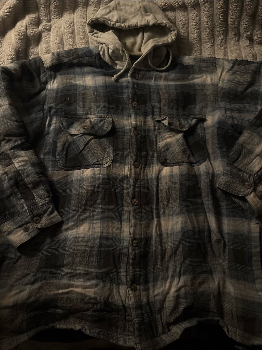 Men's Hooded Plaid Shirt Jacket - Gray and Blue